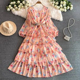 Autumn New Long-Sleeved Print Chiffon Dress Sweet Temperament Holiday Waist Thin Cake Dress Dress