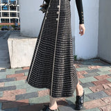 Plaid Wool Tweed Skirt Women Elegant Korean Style High Breasted Skirt Autumn Winter Streetwear Warm A-line Midi