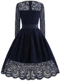 Women Winter Lace Long Sleeve Sexy Evening Party Hepburn 50s Elegant Vintage Autumn Dress Belt