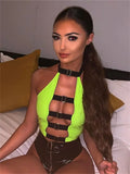 PU Leather Buckle Sexy Crop Top Women Club Wear Rave Outfit Festival Clothing Backless Halter Tank Tops Spring
