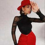 Zingj High Round Collar Mesh Stitching Long Sleeve Slim Solid Color Joined Female Support Board