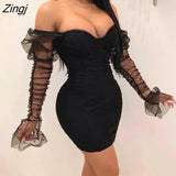 Sexy Mesh Puff Sleeve Party Dress Women Low Collar Backless Patchwork Red Mini Dress Nightclub 2020 Spring