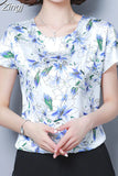 Women Floral Print Silk Casual Blouse 2023 Summer Korean Loose Short Sleeve Round Collar Casual Ladies Tops 9373