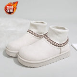 Knitting Warm Snow Boots Women 2025 New Autumn Boots Plus Velvet Thick Haired Shoes Cotton