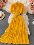Vintage Polka Dot Pleated Long Dress Women Blue/Red/Purple Draped Vestidos Casual Female High Waist Big Swing Robe