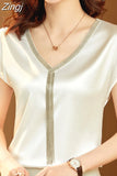 Lady Casual Loose Tops Mujer Satin Blouse Women Summer Short Sleeve Shirt Solid Fashion Tassel V-neck Clothes