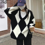 Black White Argyle Sweater Women V-neck Loose Female Knitted Pullover Harajuku Korean Style Daily Oversized Knitwear