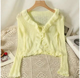 Ruffles Cardigan Slim Women Casual Transparent Sweater Shirts Lady Thin Solid Coats Female Crop