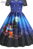 Women Christmas Dress Vintage Swing Rockabilly Short Sleeve Lace Xmas Party
