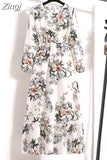 Women Elegant Floral Printed Long Dresses Spring Summer Casual O Neck Long Sleeve Ladies Chic High Waist A Line Beach
