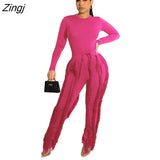 Sleeve Bodysuit and Pants Fringe Tassel Trousers Two Piece Set Tracksuit Fall Women Clothing Sexy Skinny