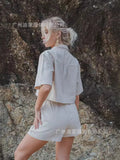 Women's Shirt Flip-Necked Shirt Shorts Casual Cotton