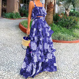 Women's New Fashion Floral Blouse Sling Lotus Leaf-Side Cake Dress Suit For