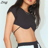 Women's Ribbed Lace-up Crop Tops Solid Color Round Neck Short Sleeve Ultra Short Navel Design Slim Fit Summer T-shirts