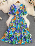 Bohemian Women Floral Printed Midi Dress Elegant V-Neck Short Sleeve High Waist Draped Slim Big Swing Vestidos Female