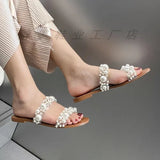 Square Head Pearl Simple One-Character Slippers Women's Large Size Beach Cool