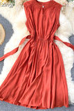 Solid Green/Blue/Yellow Casual Dress Elegant Sleeveless Round Neck Sashes Dresses Vintage 2023 New Fashion Vestido