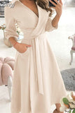 Women Summer Long Dress Short Sleeve V Neck Solid Vintage Elegant Chic Shirt Dress With Belt Office Ladies Party