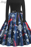 Dress Women Autumn Winter Long Sleeve High Waist Printed Vintage Party Sundress Elegant Xmas
