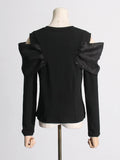 Zingj 2024 New Splice Bow Small Design Sense Black Long-Sleeved T-Shirt Female Careful Machine Off The Shoulder