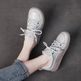 Layer Of Cowhite Casual Lace Handmade Women's Shoes New Leather Flat-Bottomed Sports Wind Soft Sole Shoes Wear Low
