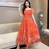 Gentle Wind And Rags Retro Tea Chiffon Dress Female Waist Temperament Shoulder Bubble Sleeve Mesh
