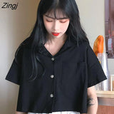 Women Crop Top Pocket Solid Summer New Designed Korean Style Loose Slim Breathable All-match Trendy Students Preppy