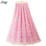 Tulle Long Skirts Womens Spring Summer Korean Style Solid High Waist A-Line Tutu Skirt Female Mesh Pleated Maxi