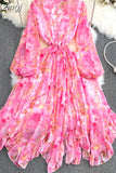 Autumn Women Floral Irregular Ruffle Long Dress Bohemian Pink/Blue/Purple Stand Collar Puff Sleeve High Waist