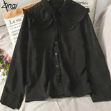 Sweet White Shirt Women Korean Lace Up Peter Pan Collar Blouses Spring Autumn Elegant Office Work Long Sleeve Ladies