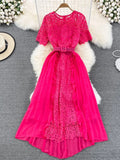 Women Lace Patchwork Pleated Long Dress Elegant Round Neck Short Sleeve High Waist Draped Party Maxi Vestidos Female