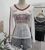 V-Neck Lace Letter-Print Fluoroskin Long-Sleeved T-Shirt Slimming Shirt Thin Top