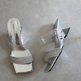 Summer New Toe Slippers Women Wearing Square Head Drill Word With Thick Heel Large-Size Cool Drag High