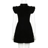Ruffle Sleeve High Neck Velvet Black Mini Dress-Outfit