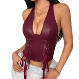 Women's Fashion PU Leather Hanging Neck Sexy Strap Tucked Waist Small Vest Top