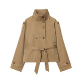 Women's Fashion Trench Coat Women's Double Buckle Stand-In Autumn Long-Sleeved Waist Jacket