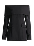 Retro Wind Autumn 2025 New One-Word Collar Long Sleeve Closed Waist Solid Color Medium Long Buckle Small Suit Jacket