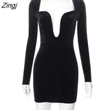 2022 Sexy Low Chest Women Dress Black Long Sleeve High Waist Elegant Dress Female Autumn Skinny Party Clubwear