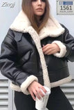 Winter Women Streetwear Faux Leather Fur Lapel Crop Jacket Autumn Female Moto Biker Thick Warm Sheepskin Outwear