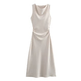 2025 New Fashion Round Collar Sleeveless Black Silk Satin Texture Dress Women