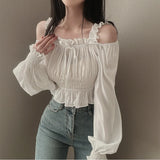 Summer Korean Chic French Style Collar Small Design Feel Folded Bubble Sleeve Short Shirt