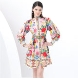 Style Dress Woman 2025 New Elegant Dress Collar Lantern Sleeves A-Word Print