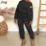 Women Sets Autumn Winter New Solid One Shoulder Long Sleeve Top + Pants 2 Pieces Set Casual Sporty