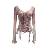 Lace Splicing Long-Sleeved T-Shirt Women's Bow Strap Hollow Irregular Blouse