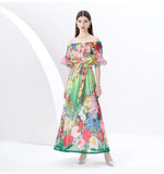 Wind Shoulder Lotus Leaf Side Bright Silk Print Dress Girl Spring Waist Temperament Big Chiffon Long