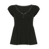 Style Lace Splicing V-Neck Buckle Pure Desire Short-Sleeved T-Shirt Hottie Waist-On-Wear Shirt