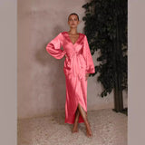 Zingj Summer Sexy Big V-Neck Waist Waist Lace With Satin Lantern Sleeve