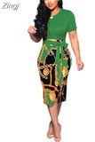 Women Elegant Office Midi Dresses Ladies Bodycon Print Short Sleeve Belt O-Neck Female Fashion Sexy Work Summer Pencil