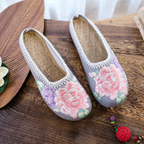 Zingj Single Slippers / Cotton Slippers Linen Peony Embroidered Round Head Flat Cloth Shoes Sandals Embroidered Women's