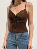Y2K Retro Fashion Lace Patchwork Brown Crop Top Grunge Fairycore Strap Bow Camisole Slim Basic Summer Women Tops
